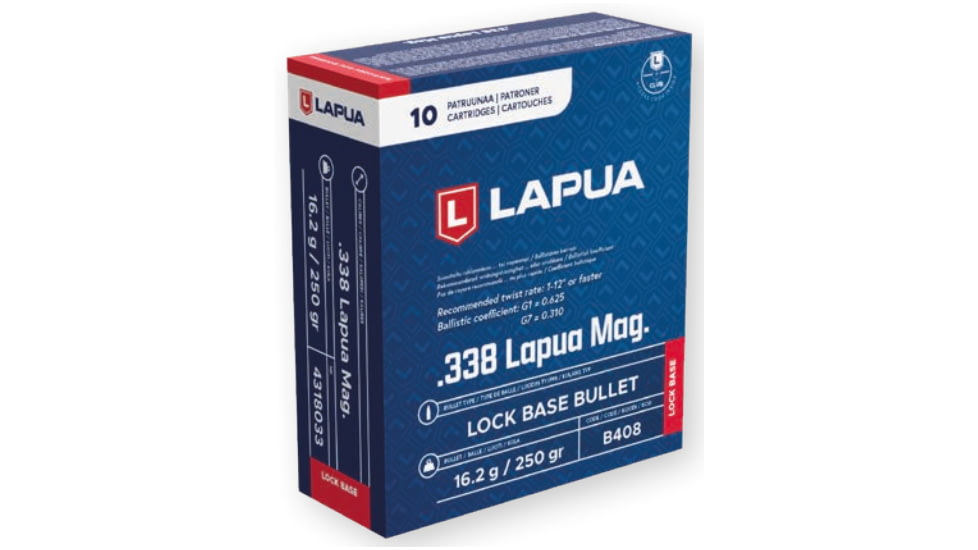 Lapua Lock Base, .338 Lapua Magnum, 250 grain, Lock Base, Brass, Centerfire Rifle Ammo, 10 Round, 4318033