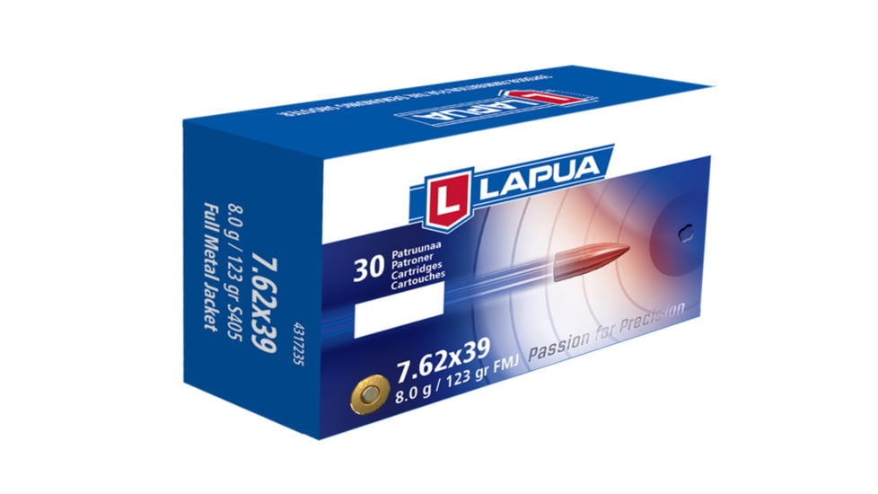 Lapua Rifle Ammunition, 7.62x39mm, Full Metal Jacket, 123 grain, 30 Rounds/Box, 4317235