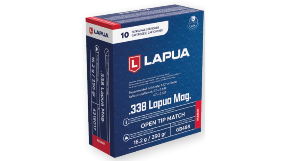 Lapua Scenar .338 Lapua Magnum 250 grain Scenar Open Tip Match Brass Cased Centerfire Rifle Ammo, 10 Rounds, 4318017