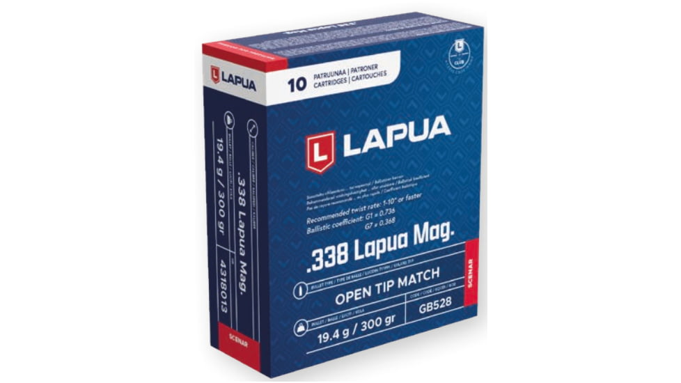 Lapua Scenar .338 Lapua Magnum 300 grain Scenar Open Tip Match Brass Cased Centerfire Rifle Ammo, 10 Rounds, 4318013