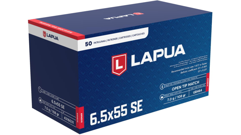 Lapua Scenar 6.5x55mm Swedish 108 grain Scenar Open Tip Match Brass Cased Centerfire Rifle Ammo, 50 Rounds, 4316031