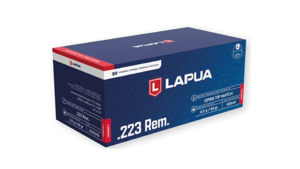 Lapua Scenar-L .223 Remington 69 grain Scenar-L Open Tip Match Brass Cased Centerfire Rifle Ammo, 50 Rounds, 4315015