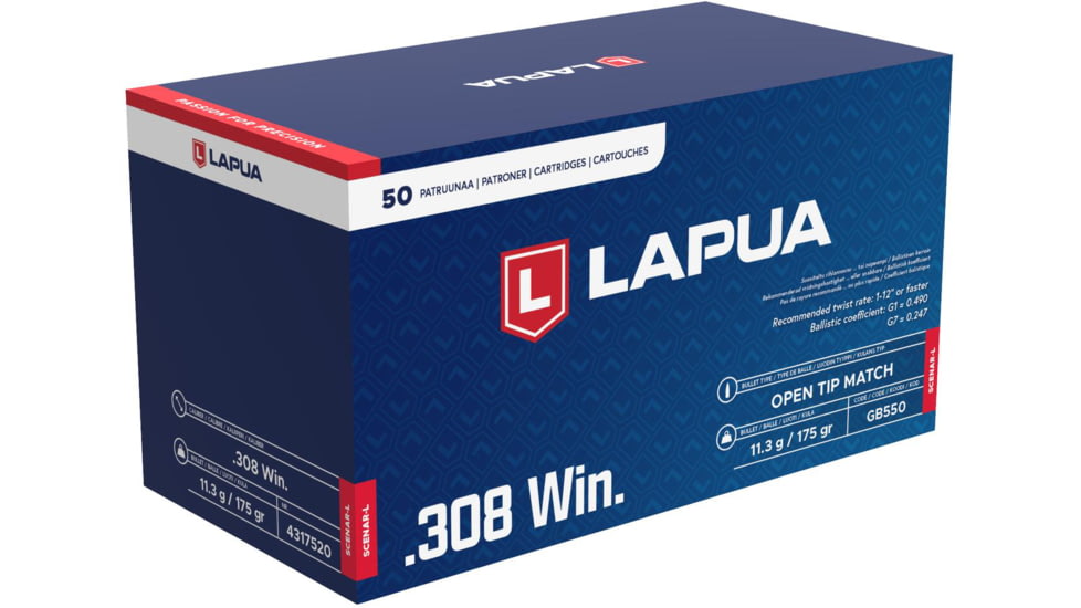 Lapua Scenar-L .308 Winchester 175 grain Scenar-L Open Tip Match Brass Cased Centerfire Rifle Ammo, 50 Rounds, 4317520