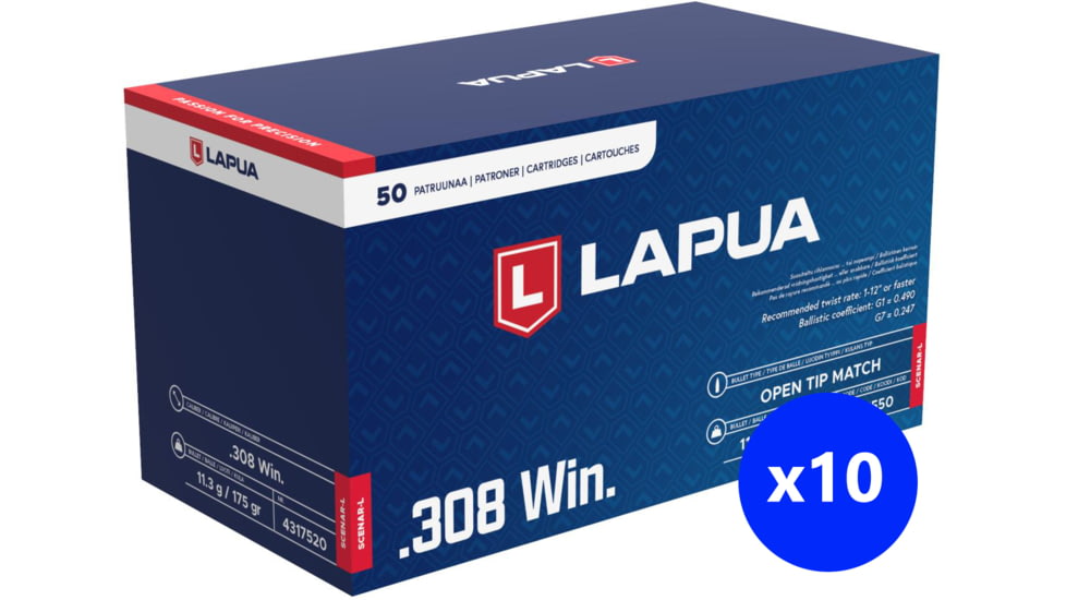Lapua Scenar-L .308 Winchester 175 grain Scenar-L Open Tip Match Brass Cased Centerfire Rifle Ammo, 500 Rounds, 4317520