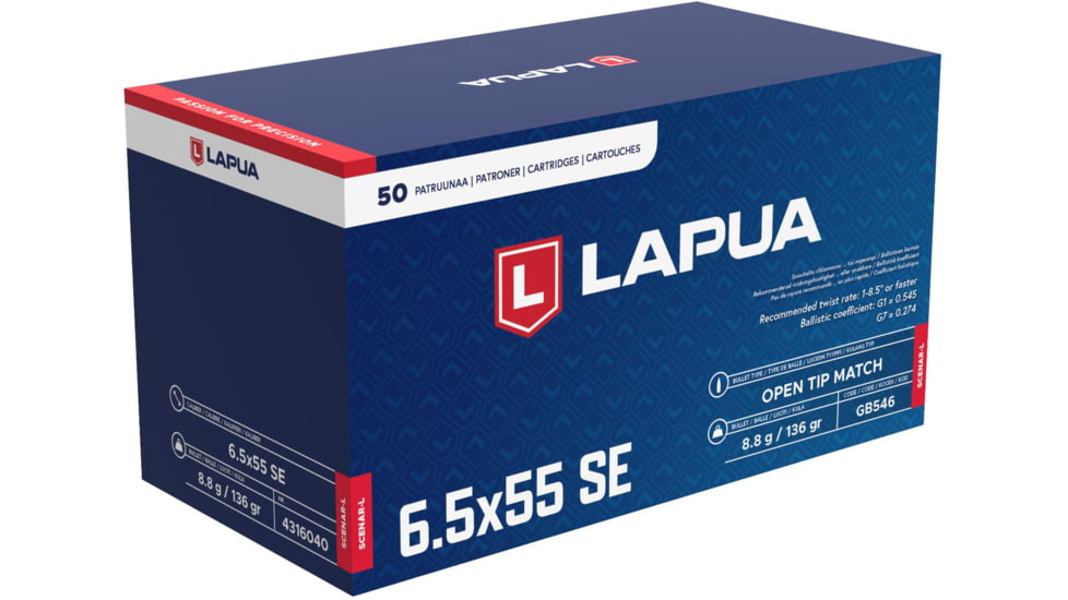 Lapua Scenar-L 6.5x55mm Swedish 136 grain Scenar-L Open Tip Match Brass Cased Centerfire Rifle Ammo, 50 Rounds, 4316040