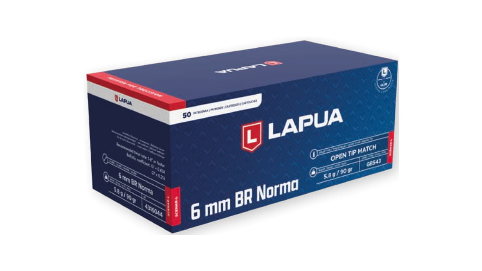 Lapua Scenar-L 6mm Norma BR 90 grain Scenar-L Open Tip Match Brass Cased Centerfire Rifle Ammo, 50 Rounds, 4316044