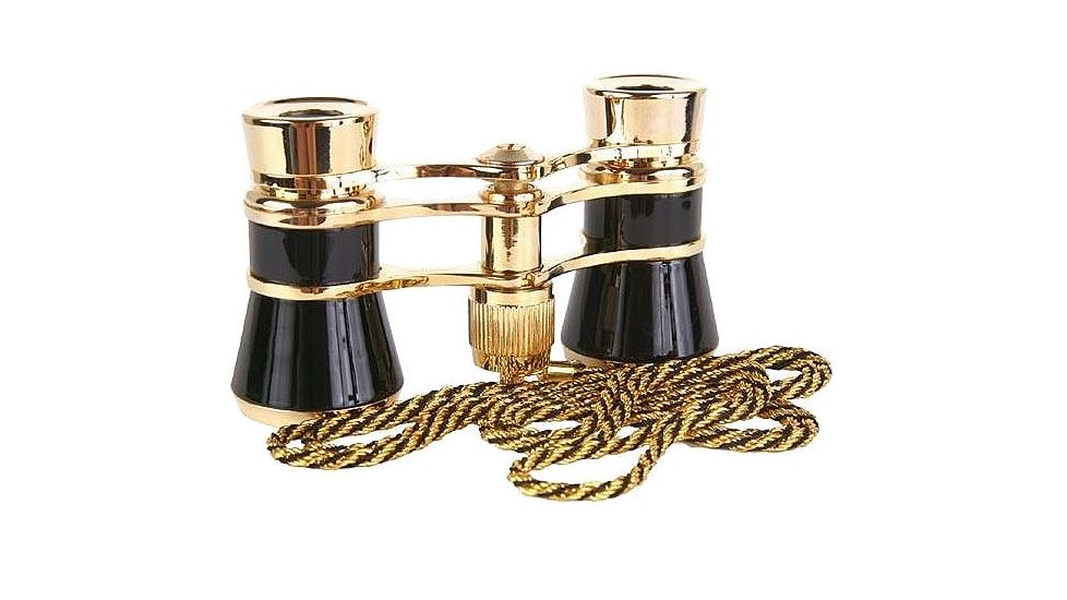 Lascala Optics Carmen Opera Glasses, Flashlight and Chain, Black Body, Golden Rings LSCFL-01