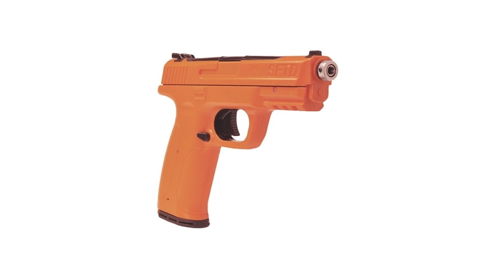 The laser training pistol is equipped with a picatinny rail, pullable trigger, and removable magazine. 