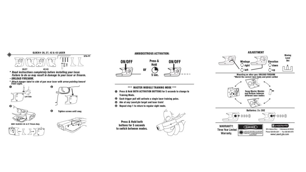 LaserLyte Laser Sight Trainer Glock 42, 43, 26, 27, Black, UTA-YY