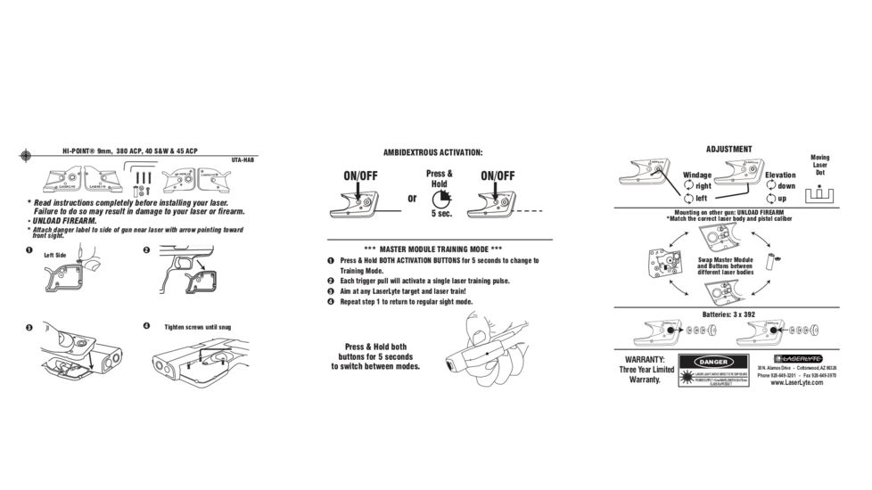 LaserLyte Laser Sight Trainer Hi-Point 9/380/40/45, Black, UTA-HAB