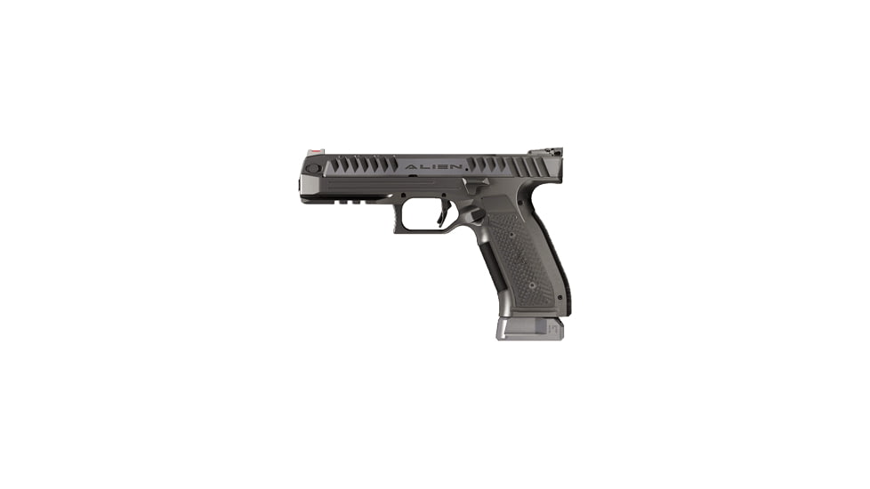 Laugo Arms Alien Pistol, 9mm Luger, 4.8in barrel, aluminum alloy frame, black polymer grip, delayed blowback semi-auto, fiber-optic front, adjustable rear, 17 round magazine, LAA-9MM-4.8-1-FRRMPG
