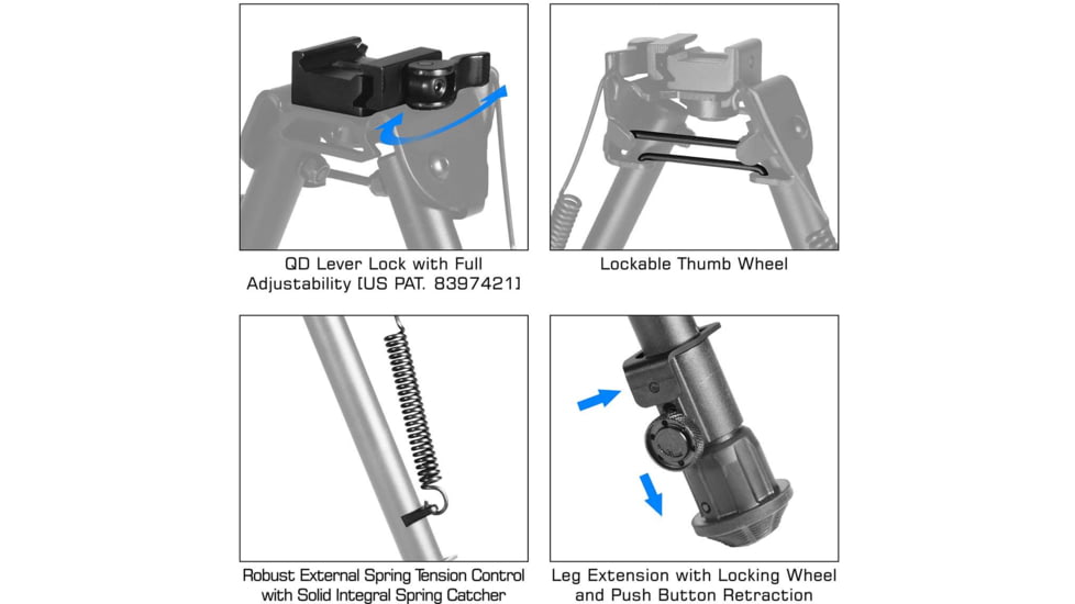 Leapers UTG Tactical OP Bipod, Quick Detach, 8.0-12.4in Center Height, Black, TL-BP88Q