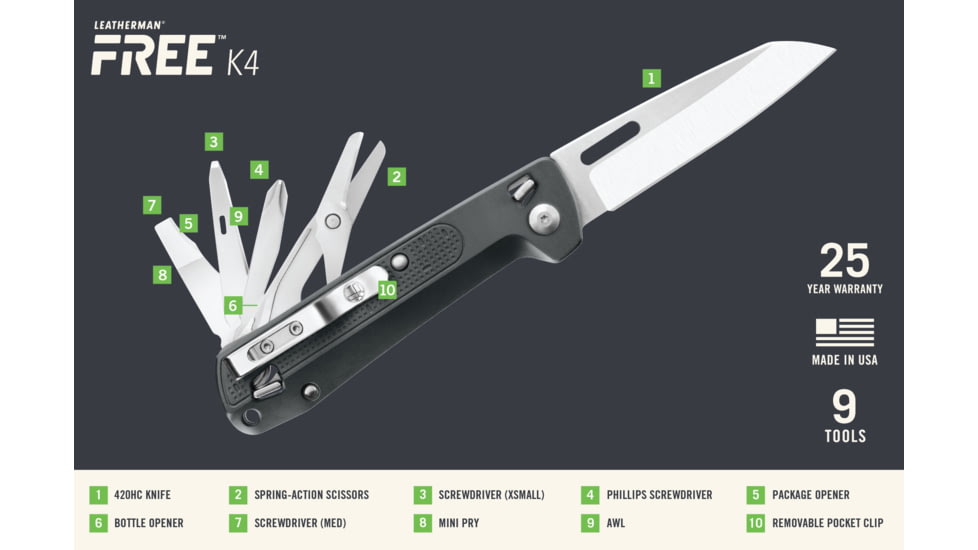Leatherman FREE K4 Folding Knives, 3.3in, 420HC SS, Gray, 037447006982