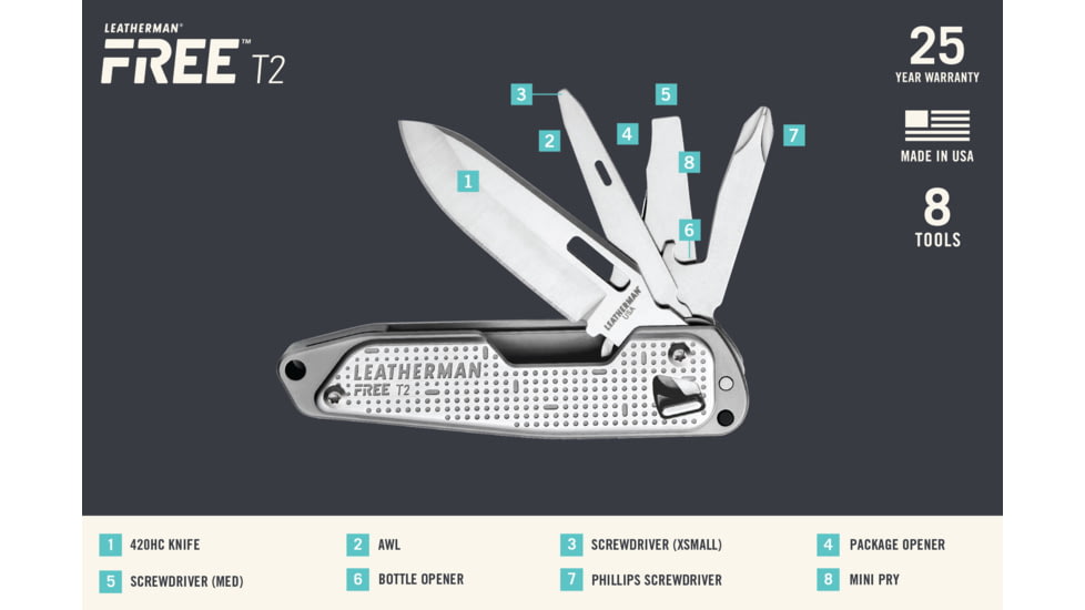 Leatherman FREE T2 Multi-Tools, 8 Tools, Stainless Steel, 037447006708