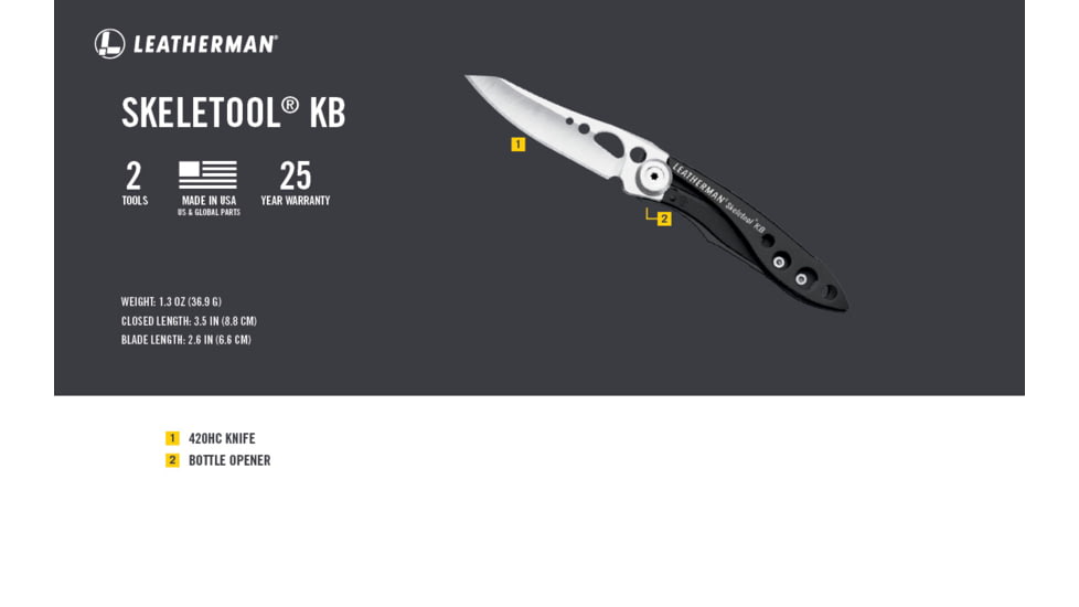 Leatherman Skeletool KB Folding Knife w/ BottleClip, 2.6in, 420HC Stainless Steel Blade, Black Aluminum Handle, 832385