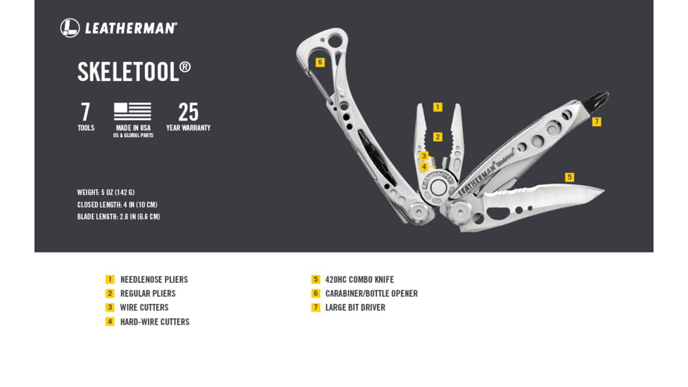 Leatherman Skeletool Multi-Tool w/Knife, Silver/ Black, 832627
