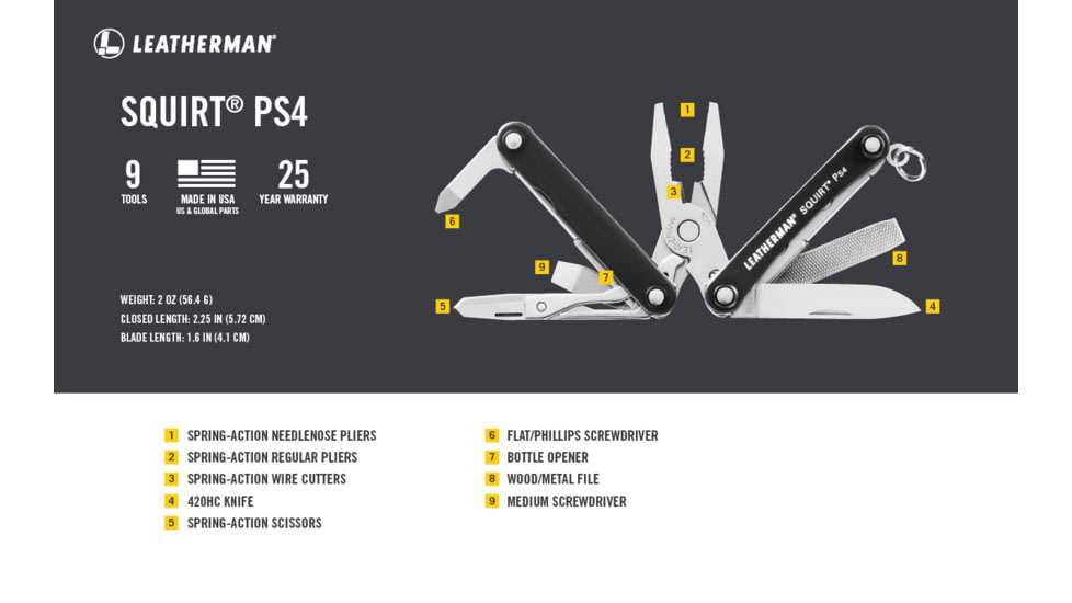 Leatherman Squirt PS4 Aluminum Handle Keychain Multi Tool w/ 1.6in Blade, Glacier Blue
