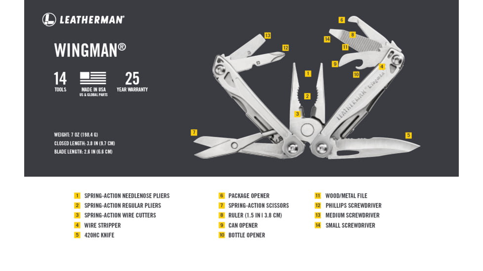 Leatherman Wingman Multi-Tool, 2.6in, 420HC Stainless Steel Blade, Stainless Steel Handle, 831426