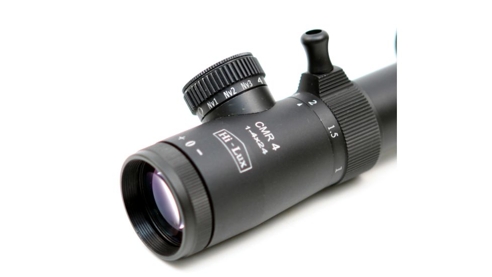 Hi-Lux 1-4x24mm Rifle Scope w/ 30mm Main Tube, with Green Illuminated CMR4 Ranging Reticle- 1 MOA Center Dot with 0.1 mrad Turret adj. CMR4