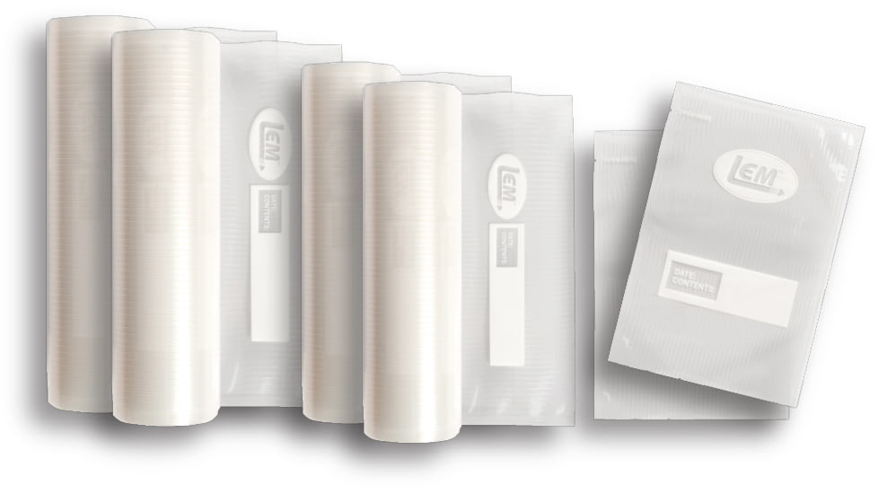 LEM Products Maxvac Vacuum Bags and Rolls Combo Pack, 36 Quart Bags, 2 Rolls 8inx25ft, 2 Rolls 11inx25ft, Clear, 1382