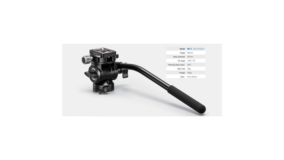 Leofoto BV-1 Mini Fluid Head for Optics w/Handle, Arca Compatible, Black, BV-1