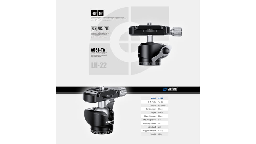 Leofoto LH-22 Mini Ball Head &amp; QR Plate - 1/4, Arca, Black, LH-22