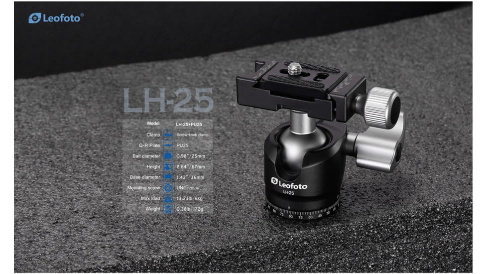 Leofoto LS-223CEX X Verison Table/Ground Mini Tripod w/ Integrated Leveling Base, Ballhead Set, Black, LS-223CEXX+LH-25