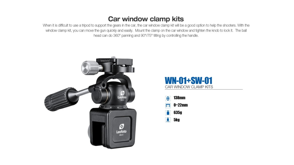 Leofoto WN-01/SW-01 Car Window Clamp Kit, Windows Mounting Head for Binoculars/ Lens and Camera, Black, WN-01+SW-01