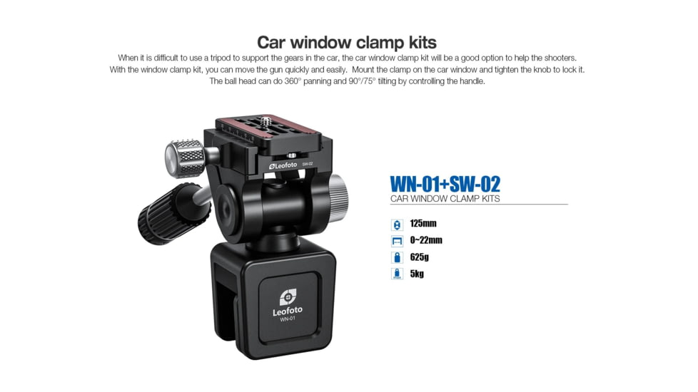 Leofoto WN-01/SW-02 Car Window Clamp Kit, Windows Mounting Head for Binoculars/ Lens and Camera, Black, WN-01+SW-02