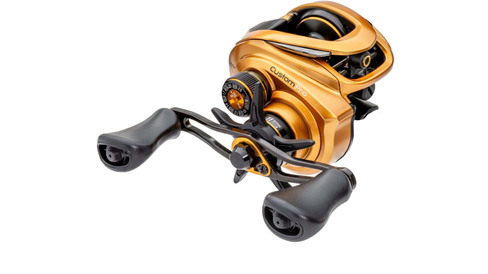 Lew’s Custom Pro Baitcast Reel, 10+1 Bearings, 7.5-1 Ratio, Aluminum Frame and Sideplate, ParaMag ITB Brake, Aluminum Speed Gears, Carbon Fiber Drag, RH Retrieve, Gold/Black, CPB1SHG3