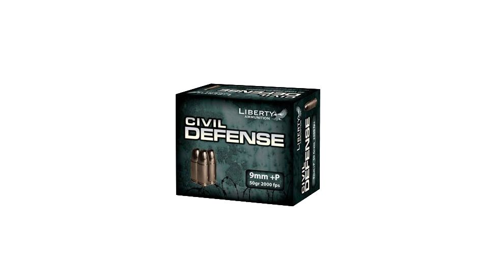 Liberty Ammunition Civil Defense, 9mm Luger +P, 50 Grain, HP, Brass Case, Centerfire Pistol Ammo, 20 Rounds Box, LA-CD-9-014