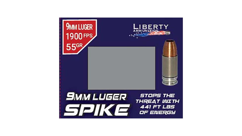 Liberty Ammunition Liberty Spike 9mm Luger 55 grain Monolithic Brass Cased Pistol Ammo, 20 Rounds, LA-SPI9MM-55-2000