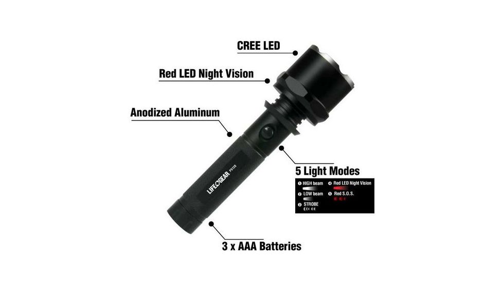 Life Gear Pro Series 120 Tactical Flashlight w/ Red Night Vision &amp; Strobe - 120 Lumens, black LG21-60544-BLA