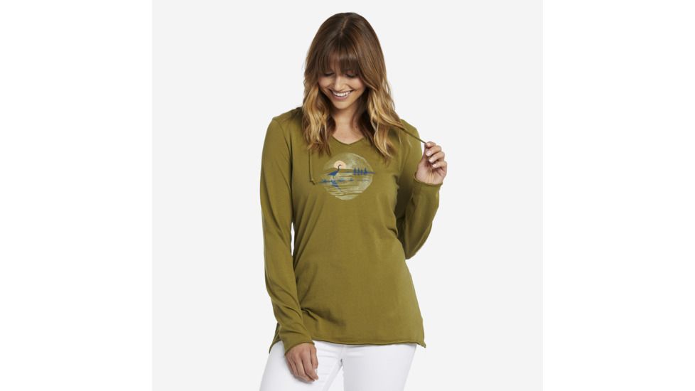 Life Is Good Hooded Smooth Tee Long Sleeve Lig Heron T-Shirt - Womens, Fatigue Green, Small, 55342-S