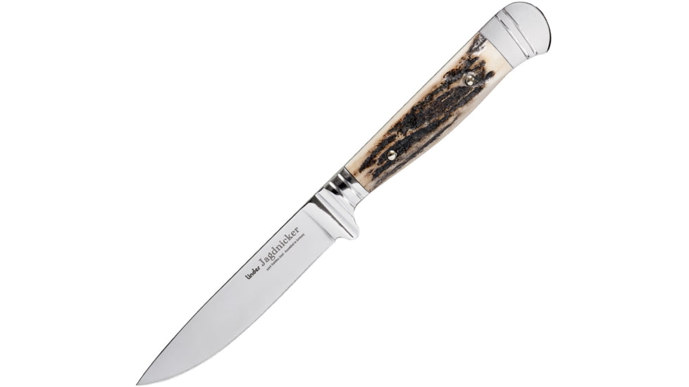 Linder Classic Hunter Fixed Blade Knife, 8.5in Overall, 4in Mirror 440A SS Drop Point, Stag Handle, Nickel Silver Guard And Pommel, Brown Leather Belt Sheath, 571410