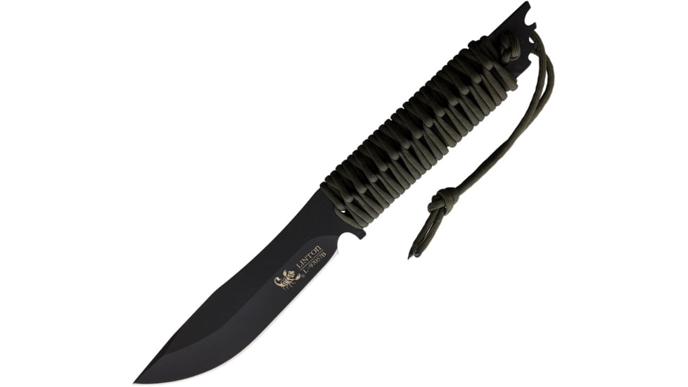 Linton Cutlery 12.5in Cord Wrapped Black Coated Knife, 12.5in Overall, 6.25in Black Powder Coated Stainless Blade, OD Green Cord Wrapped Handle, No Sheath, L97057B