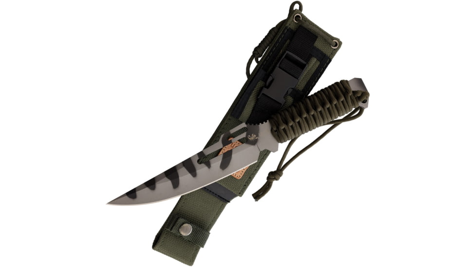 Linton Cutlery Cord Wrapped Camo Knife w/ Sheath, 12.75in Overall, 7in Camo Clip Point Blade, OD Green Cord Wrapped Handle, Synthetic Sheath, L93048