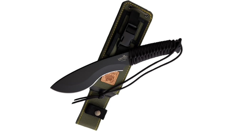 Linton Cutlery 13.5in Cord Wrapped Machete, 13.5in Overall, 7.5in Black Powder Coated Stainless Blade, Black Cord Wrapped Handle, Nylon Sheath, L101062B
