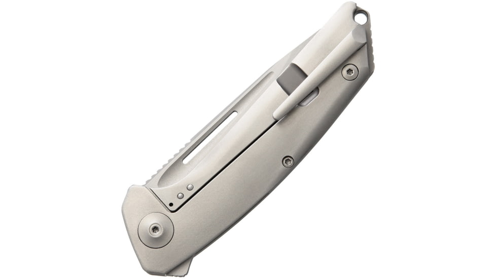 Liong Mah Designs Endevour Bling Framelock Folding Knife, 3.75in Satin Cpm S35Vn SS Drop Point, Gray Matte Finish Titanium Handle, Pocket Clip, Black Nylon Case, ENDEVOUR BLING