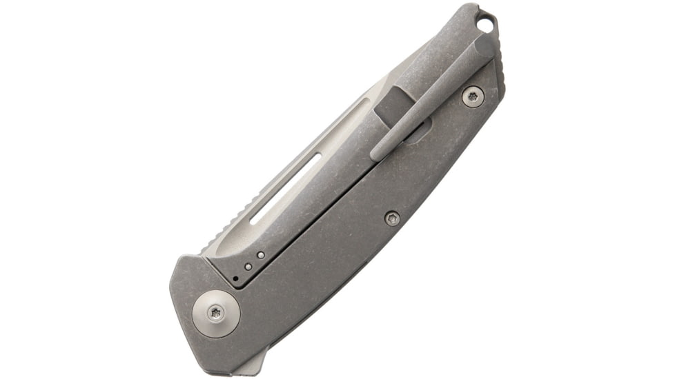 Liong Mah Designs Endevour Folding Knife, 3.75in Satin Cpm S35Vn SS Drop Point, Gray Stonewash Titanium Handle, Pocket Clip, Black Nylon Case, ENDEVOUR STONEWASH