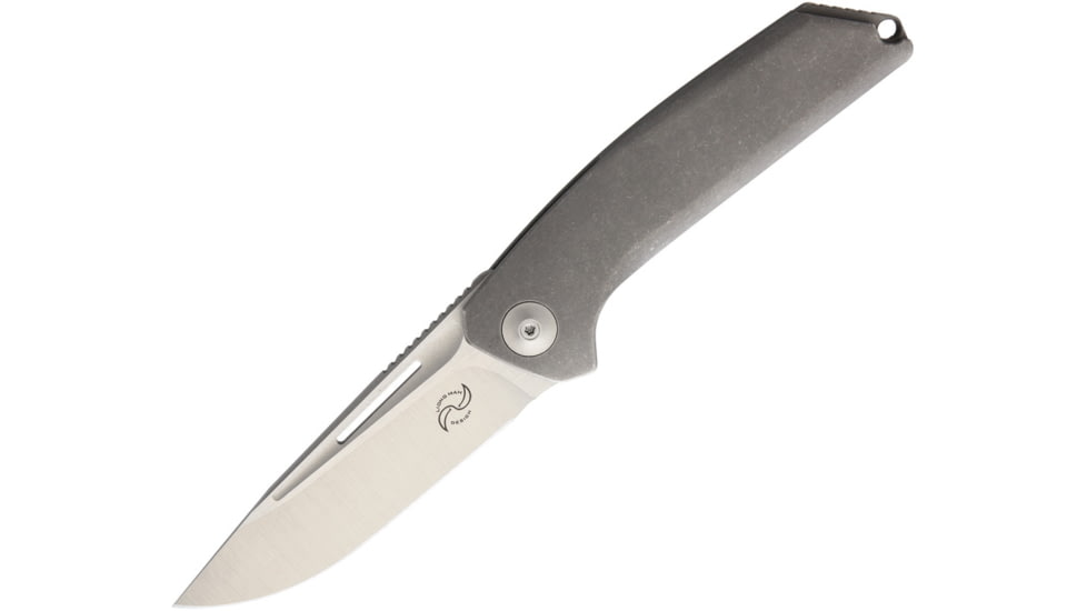 Liong Mah Designs Endevour Folding Knife, 3.75in Satin Cpm S35Vn SS Drop Point, Gray Stonewash Titanium Handle, Pocket Clip, Black Nylon Case, ENDEVOUR STONEWASH
