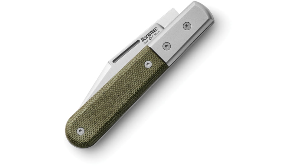 Lionsteel Barlow Shuffler Folding Knife, 3in, M390 Stainless, Satin Finish, Shuffler Blade. Green Canvas Micarta Handle, CK0112 CVG