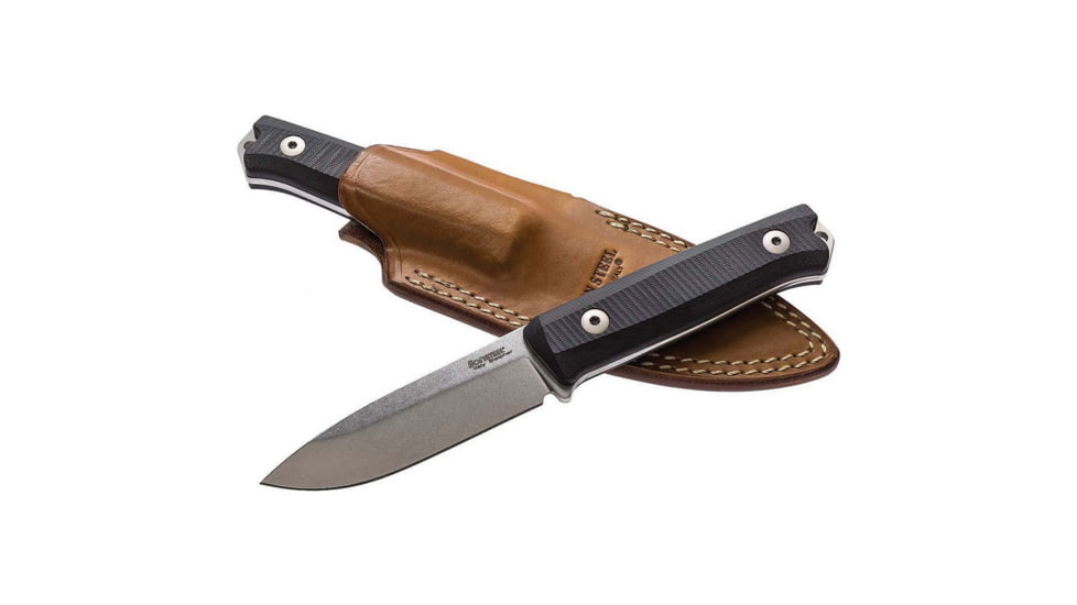 Lionsteel Bushcraft B40 Fixed Blade Knife, 8.88in Overall, 3.88in Stonewash Sleipner Tool Steel Blade, Black G10 Handle, Back Flat Tang Can Be Used For Fire Starting, Brown Leather, Black, B40 GBK