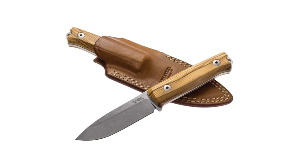 Lionsteel Bushcraft B40 Olive Wood Fixed Blade Knife, 8.88in Overall, 3.88in Stonewash Sleipner Tool Steel Blade, Olive Wood Handle, Brown Leather Belt Sheath, B40 UL