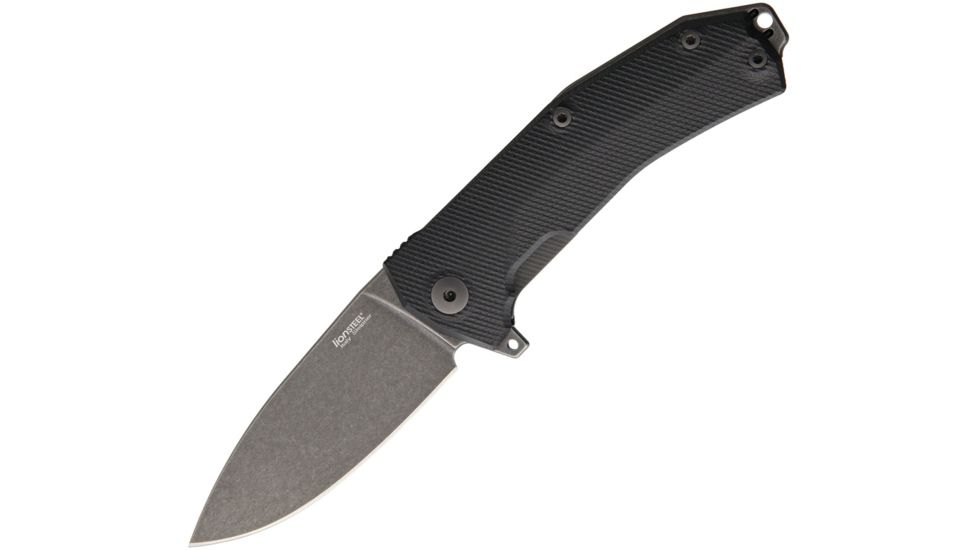 Lionsteel KUR Linerlock Bl Stonewash Folding Knife,3.375in,Standard Edge,Drop Point,Black Stonewash,Black,G10 Handle LSTKURBBK