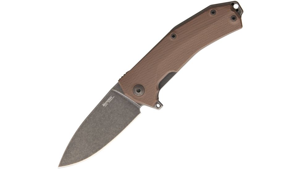 Lionsteel KUR Linerlock Br Stonewash Folding Knife,3.375in,Standard Edge,Drop Point,Black Stonewash,Brown,G10 Handle LSTKURBBR