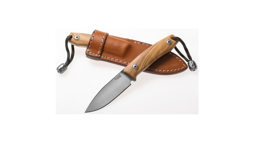 Lionsteel M1 Fixed Blade Olive Wood Knife, M1 Fixed Blade, 6.75in Overall, 3in Satin Bohler M390 SS Drop Point, Olive Wood Handle, Lanyard With Titanium Bead, Brown Leather Sheath, M1 UL