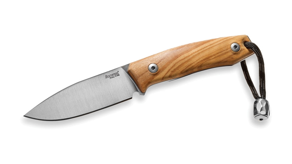 Lionsteel M1 Fixed Blade Olive Wood Knife, M1 Fixed Blade, 6.75in Overall, 3in Satin Bohler M390 SS Drop Point, Olive Wood Handle, Lanyard With Titanium Bead, Brown Leather Sheath, M1 UL