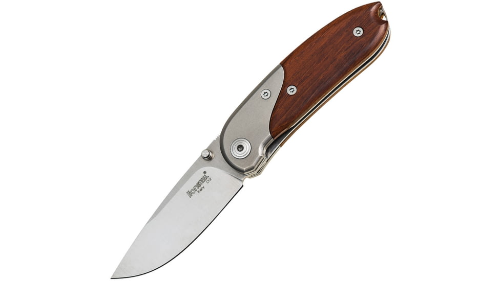 Lionsteel Mini Linerlock Santos Wood Folding Knife, 2.25in Satin D2 Tool Steel Drop Point, Santos Wood Handle, Titanium Bolster, Pocket Clip, Thumb Stud, 8200 ST