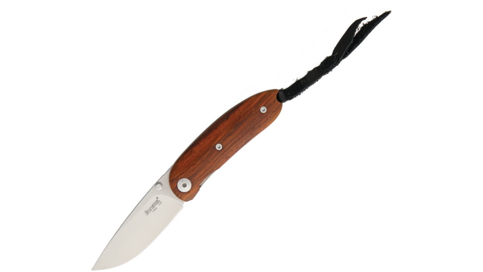 Lionsteel Mini Opera Linerlock Santos Folding Knife, 2.25in Satin D2 Tool Steel Drop Point, Santos Wood Handle, Thumb Stud, Black Leather Sleeve, 8210 ST